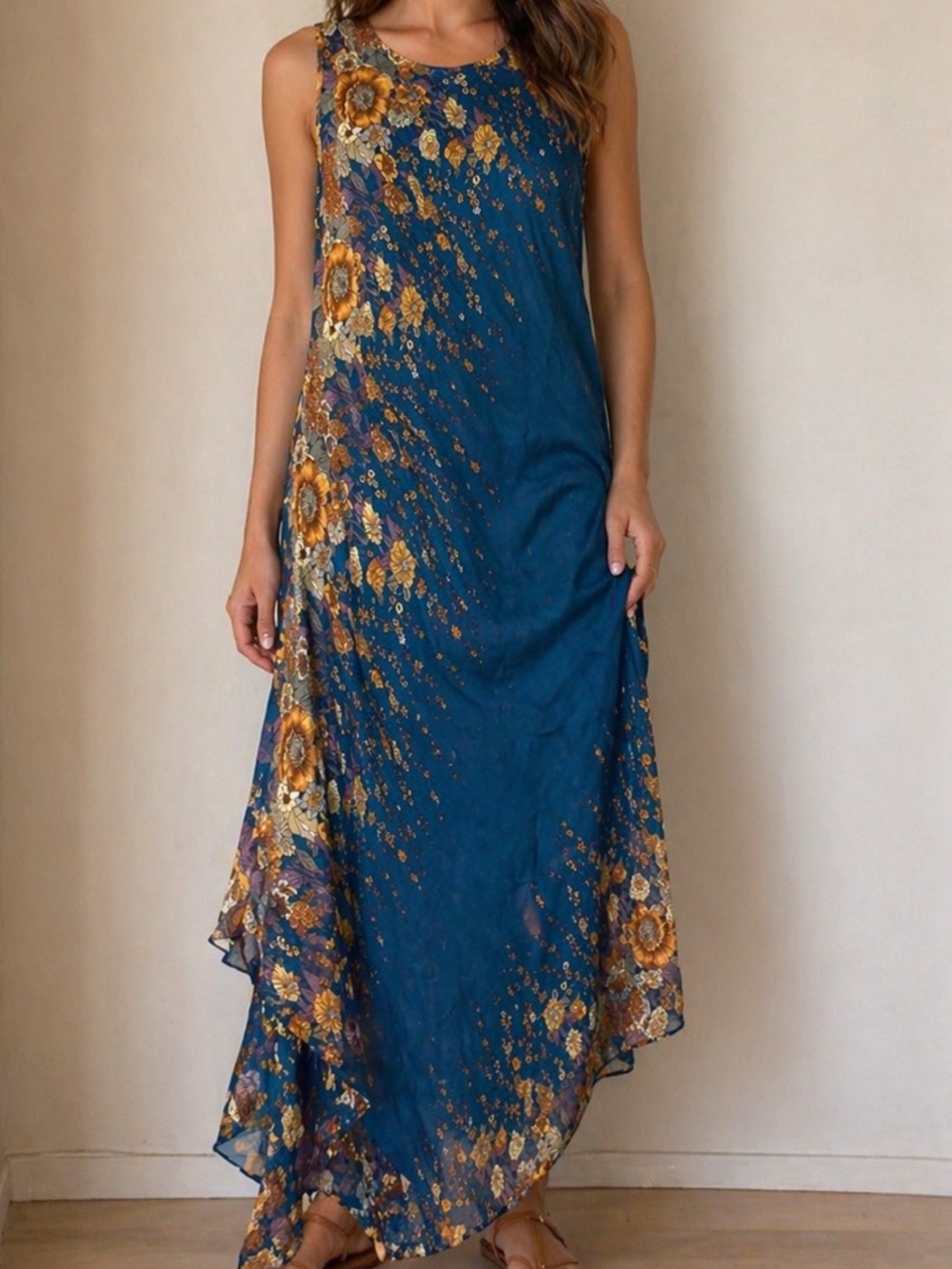 Sleeveless Teal Floral Maxi Dress